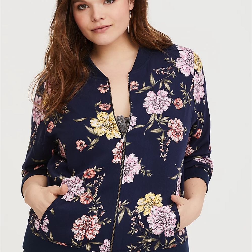 Torrid Navy TWILL  Floral PRINT BOMBER Jacket